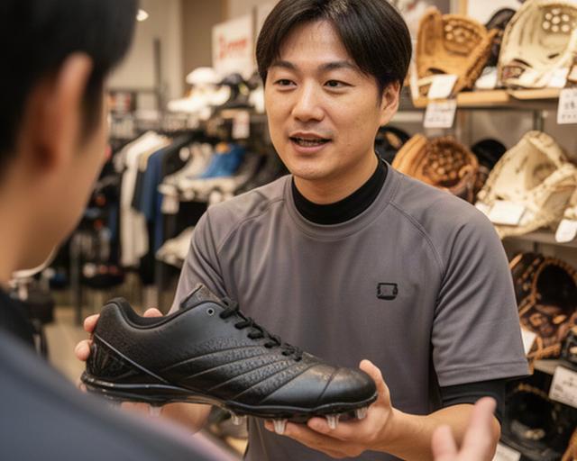 草野球を楽しむスタッフが大人用スパイクを手に店内で説明する様子