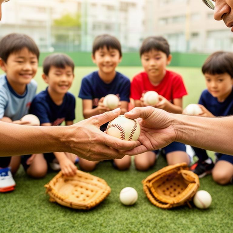 地域の野球教室で子どもたちがボールの握り方を学ぶ様子