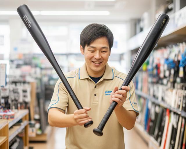 少年野球用バットを手に取り重さを比べるスタッフと明るい店内