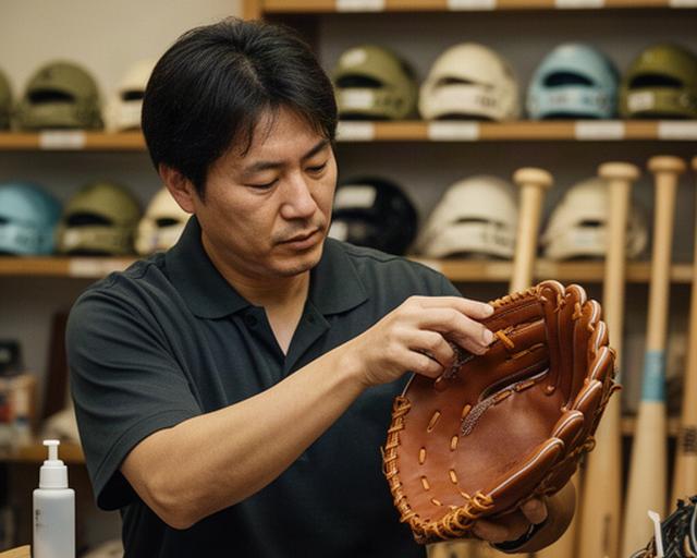 店長が店内で硬式グラブの手入れとフィッティングを確認している様子