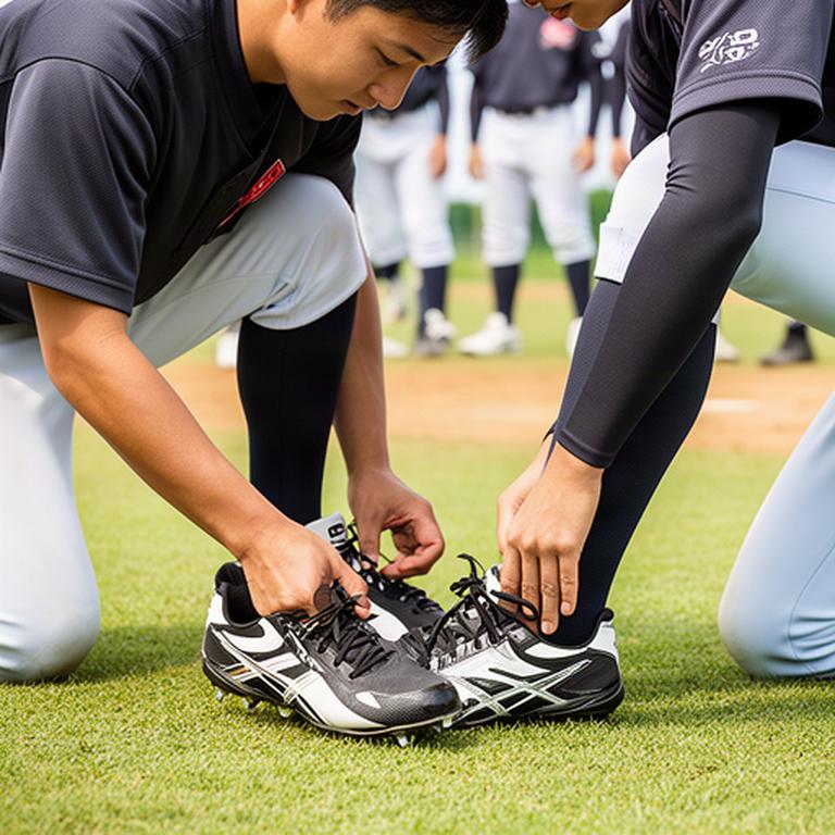 学校の野球部員がグラウンドでスパイクを試しスタッフが足元を確認する様子