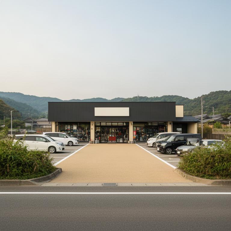 国道423号沿いにある野球用品店の外観と駐車場の入口