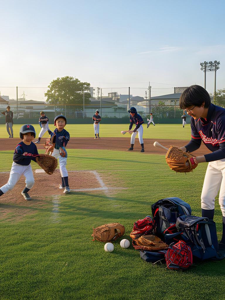 亀岡の少年野球チームがグラウンドで練習しスタッフが用具を確認する様子