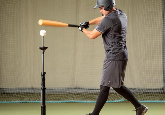 高さを調節できるバッティングティーで打撃練習をする様子