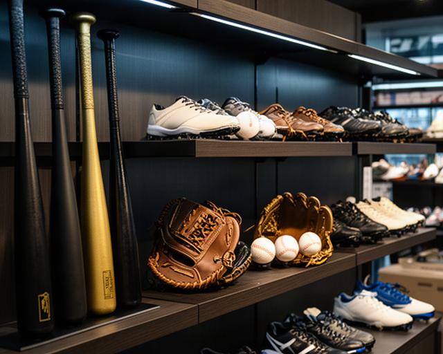 店内の棚に並ぶ軟式バット、野球グラブ、ボールとスパイク