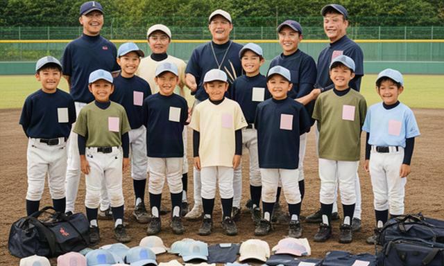 亀岡市の少年野球団が新しいユニフォームと帽子を受け取ったグラウンド