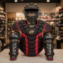 黒と赤のキャッチャー防具セットを店内で展示した写真