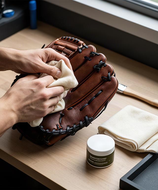 練習後のグラブを柔らかな布と専用クリーナーで手入れする作業台
