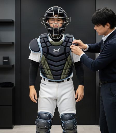 キャッチャー防具一式を着用した高校野球選手が店内でサイズ確認を受ける様子