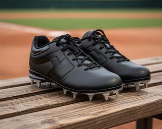 黒い金属スパイクを木製ベンチの上に置いた高校野球用品の写真