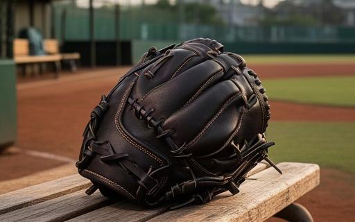 投手用の硬式グラブを野球場のベンチに置いた様子