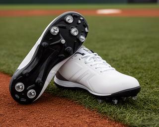 白と黒の樹脂スパイクをグラウンド脇で撮影した高校野球用品の写真