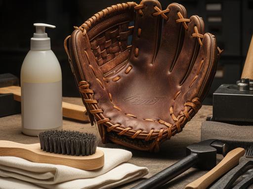 野球用品のメンテナンス用品と手入れ中のグローブを置いた作業台