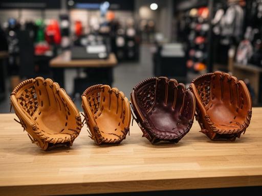 野球グラブを木製テーブルに並べて比較する店内の様子