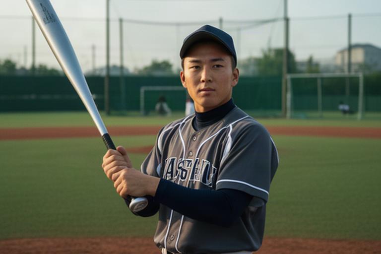 高校野球の選手が屋外練習場で硬式金属バットを持つ様子