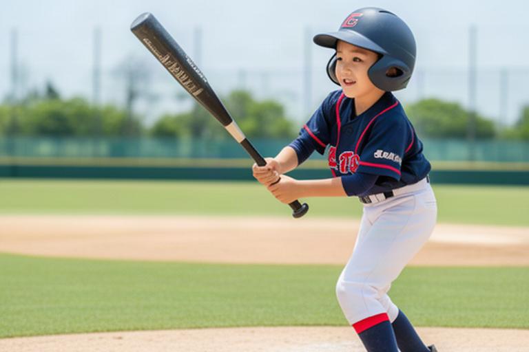 少年野球の選手が明るいグラウンドで軽量バットを構える様子