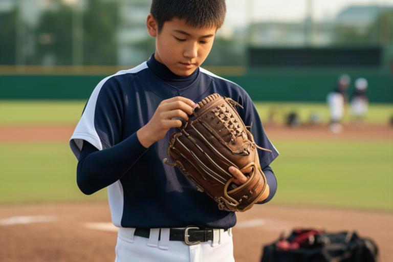 中学生の野球選手が練習場で軟式グラブを確認する様子