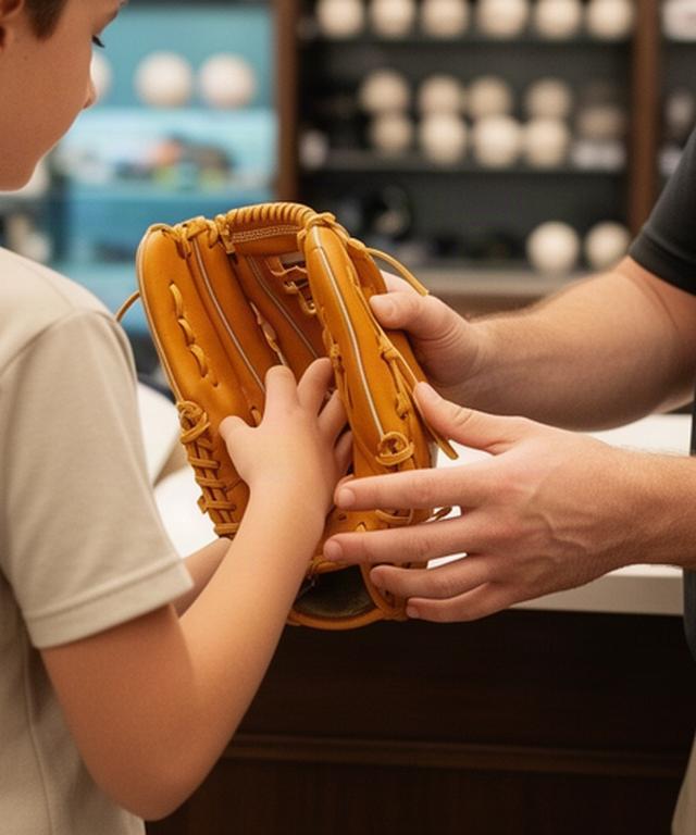 店内で小学生の手にジュニア用グラブを合わせ、指先と手のひらの余裕を確認している場面