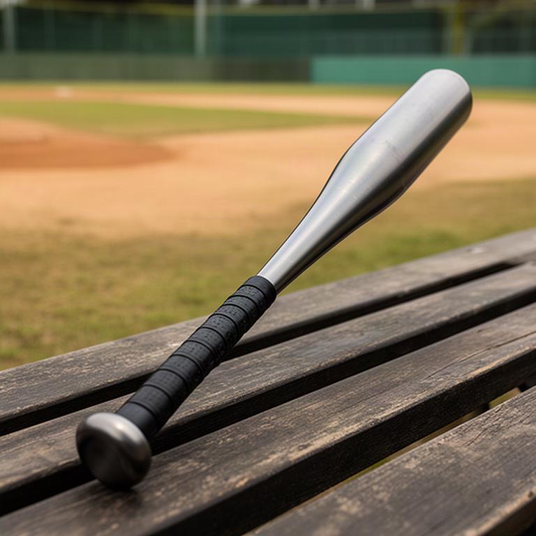 中学生向けの軟式金属バットを野球場のベンチに置いた様子