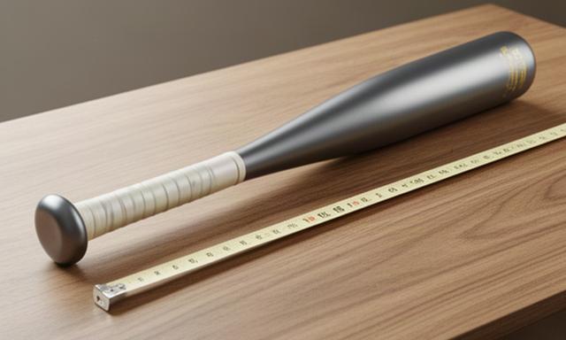 室内の木目テーブルに置かれた軽量軟式の少年用バットとサイズ確認用メジャー