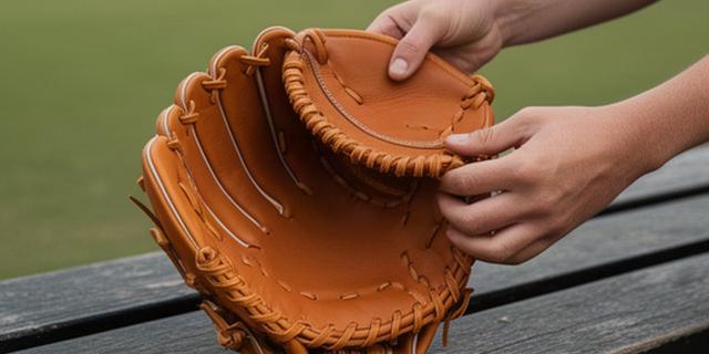ベンチの上で開閉を確かめる軽量牛革の野球グローブ